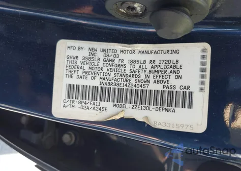 2004 Toyota Corolla Ce/Le/S из США, поврежденный, VIN 1NXBR38E14Z240457